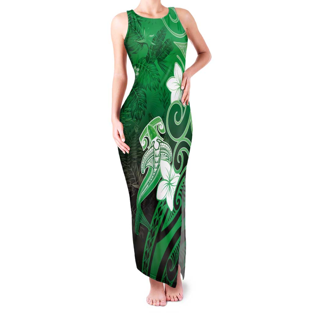 Polynesia Hammerhead Shark Tank Maxi Dress Green Tribal Pattern With Plumeria - Polynesian Pride
