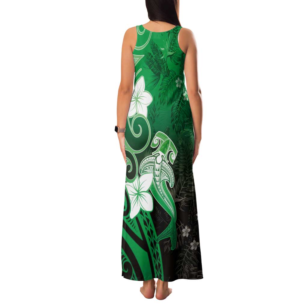 Polynesia Hammerhead Shark Tank Maxi Dress Green Tribal Pattern With Plumeria - Polynesian Pride