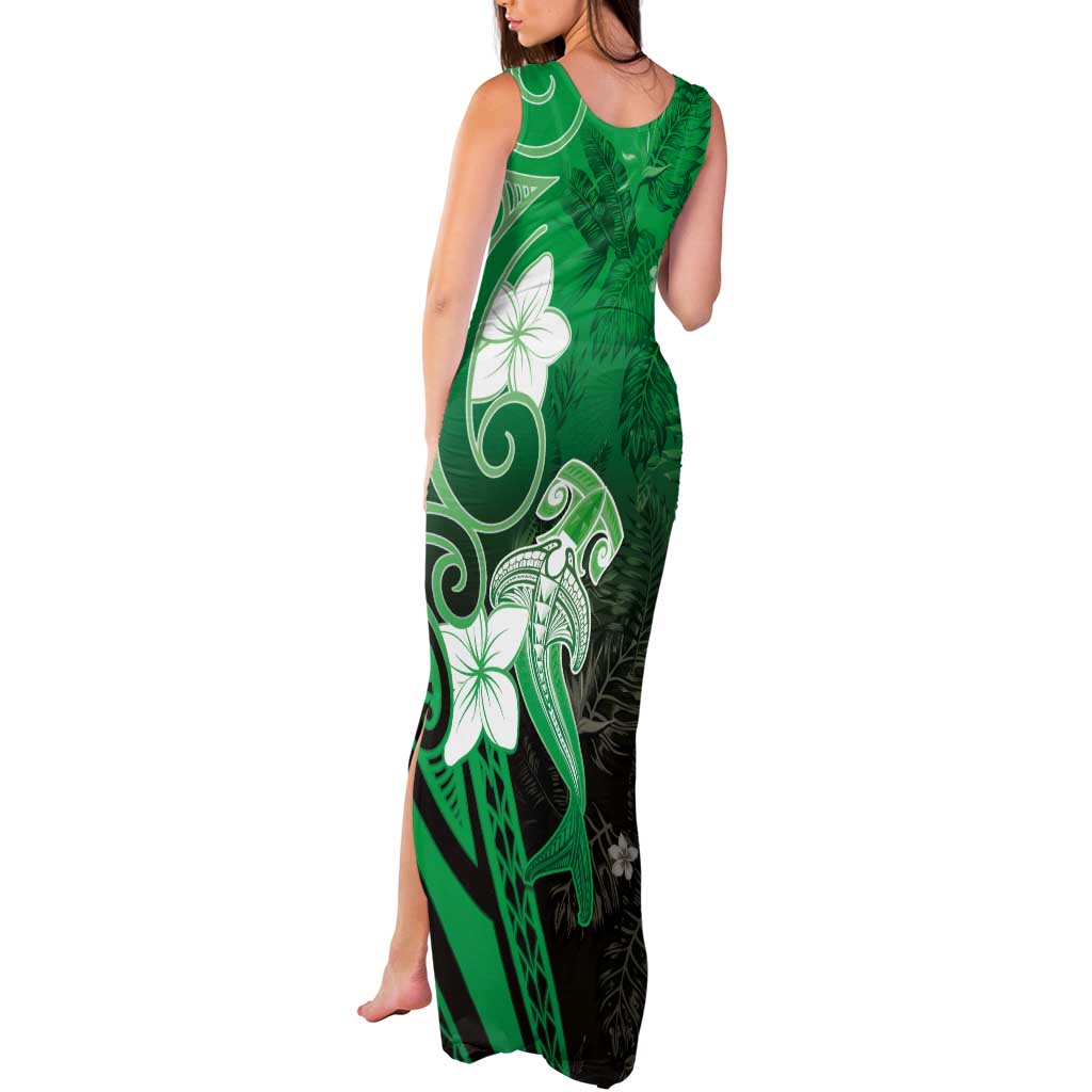 Polynesia Hammerhead Shark Tank Maxi Dress Green Tribal Pattern With Plumeria - Polynesian Pride