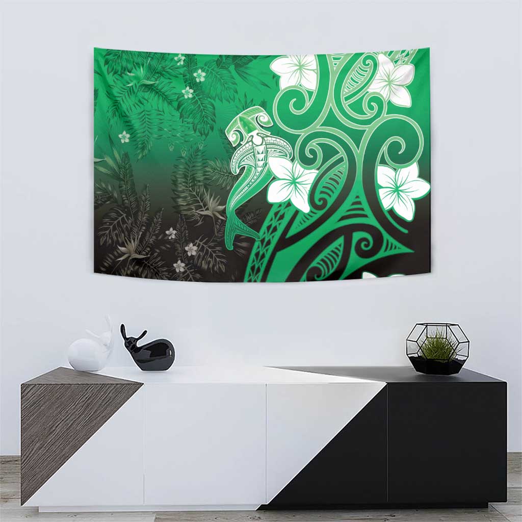 Polynesia Hammerhead Shark Tapestry Green Tribal Pattern With Plumeria - Polynesian Pride