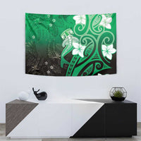 Polynesia Hammerhead Shark Tapestry Green Tribal Pattern With Plumeria - Polynesian Pride