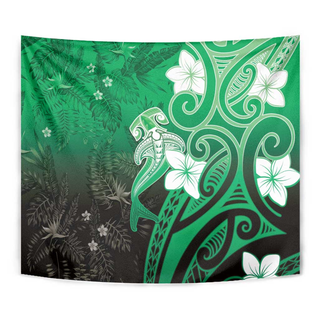 Polynesia Hammerhead Shark Tapestry Green Tribal Pattern With Plumeria - Polynesian Pride