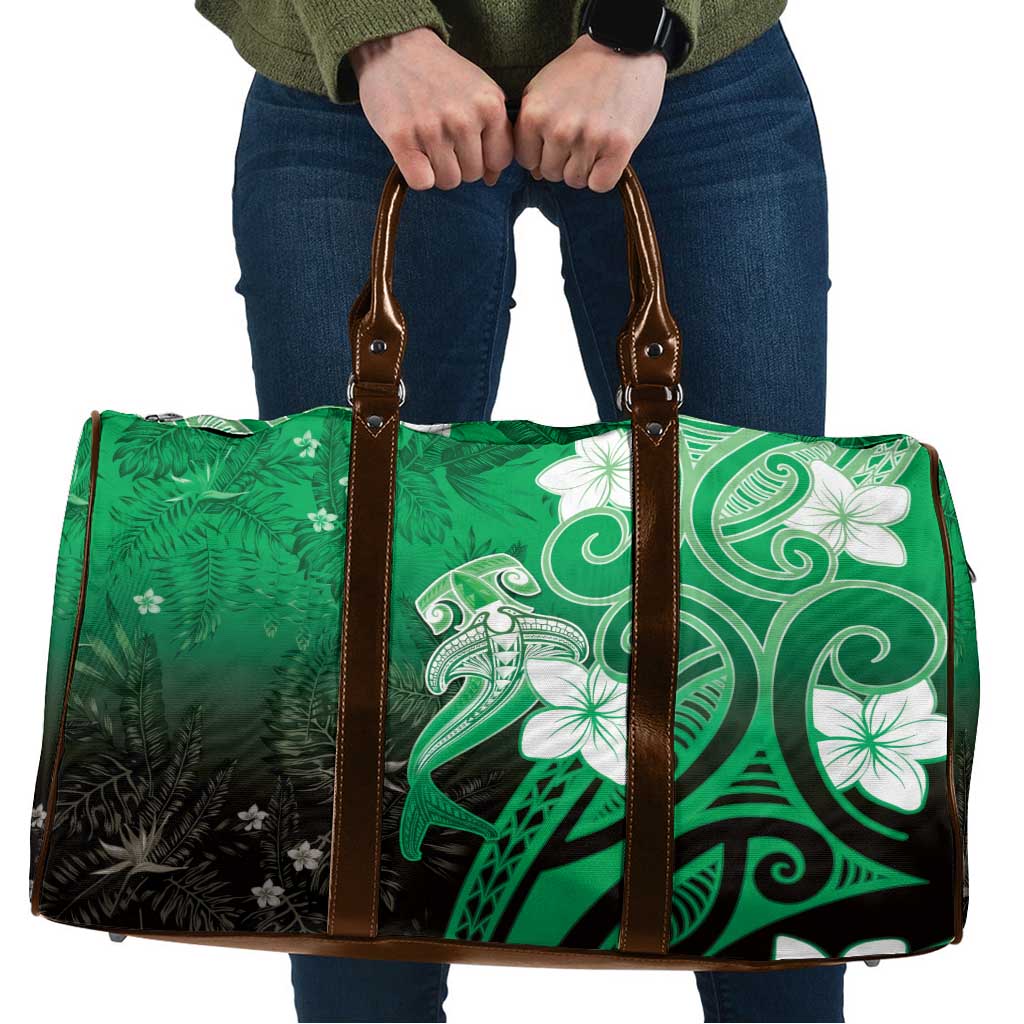 Polynesia Hammerhead Shark Travel Bag Green Tribal Pattern With Plumeria - Polynesian Pride