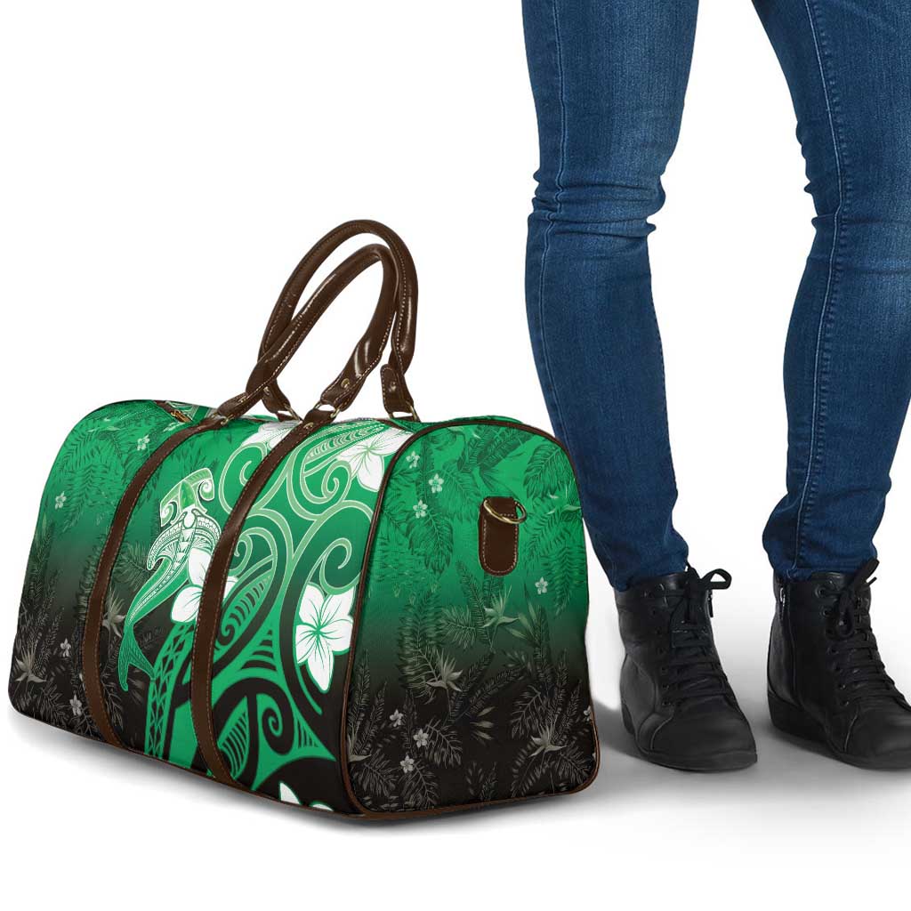 Polynesia Hammerhead Shark Travel Bag Green Tribal Pattern With Plumeria - Polynesian Pride