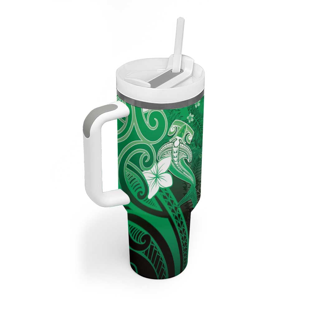 Polynesia Hammerhead Shark Tumbler With Handle Green Tribal Pattern With Plumeria - Polynesian Pride