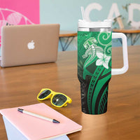Polynesia Hammerhead Shark Tumbler With Handle Green Tribal Pattern With Plumeria - Polynesian Pride