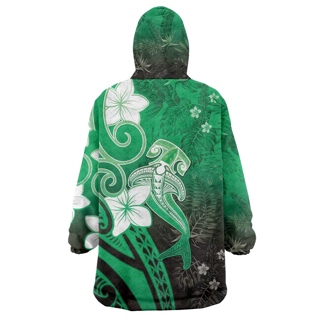 Polynesia Hammerhead Shark Wearable Blanket Hoodie Green Tribal Pattern With Plumeria LT05 - Polynesian Pride