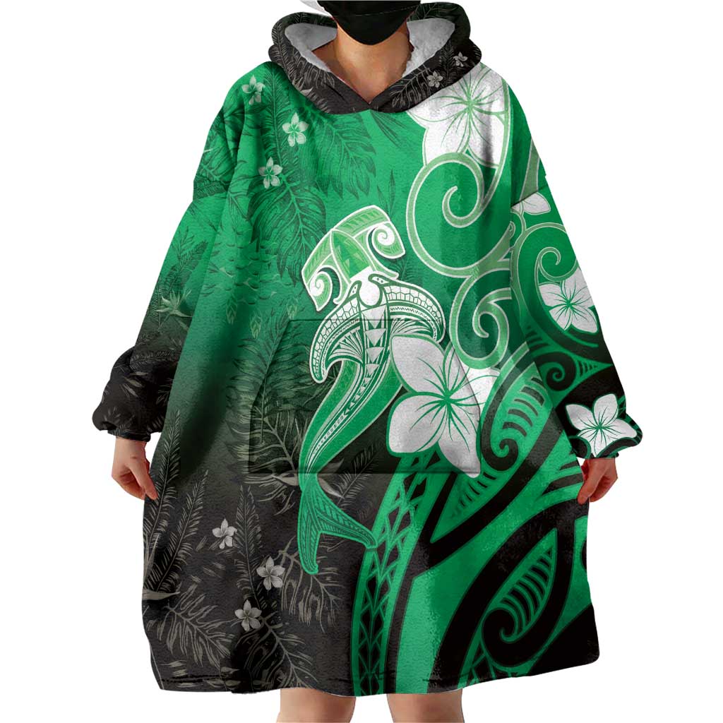Polynesia Hammerhead Shark Wearable Blanket Hoodie Green Tribal Pattern With Plumeria LT05 - Polynesian Pride
