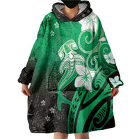 Polynesia Hammerhead Shark Wearable Blanket Hoodie Green Tribal Pattern With Plumeria LT05 - Polynesian Pride