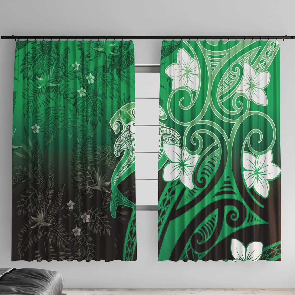 Polynesia Hammerhead Shark Window Curtain Green Tribal Pattern With Plumeria - Polynesian Pride