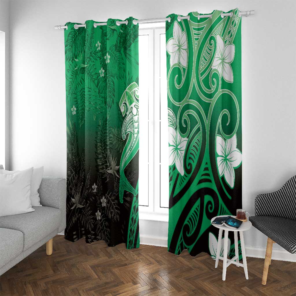 Polynesia Hammerhead Shark Window Curtain Green Tribal Pattern With Plumeria - Polynesian Pride
