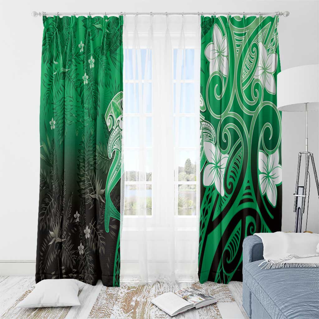 Polynesia Hammerhead Shark Window Curtain Green Tribal Pattern With Plumeria - Polynesian Pride