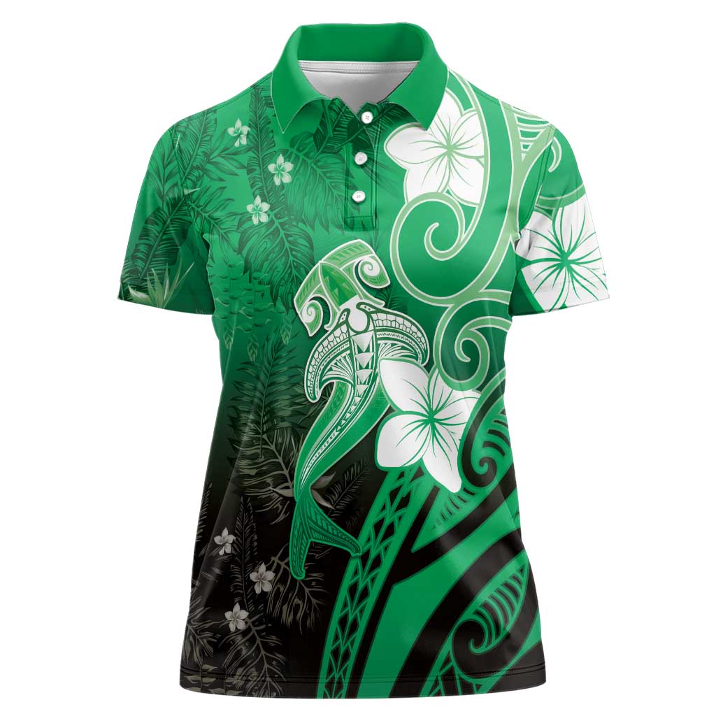 Polynesia Hammerhead Shark Women Polo Shirt Green Tribal Pattern With Plumeria LT05 Female Green - Polynesian Pride