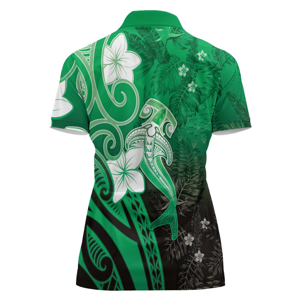 Polynesia Hammerhead Shark Women Polo Shirt Green Tribal Pattern With Plumeria LT05 - Polynesian Pride