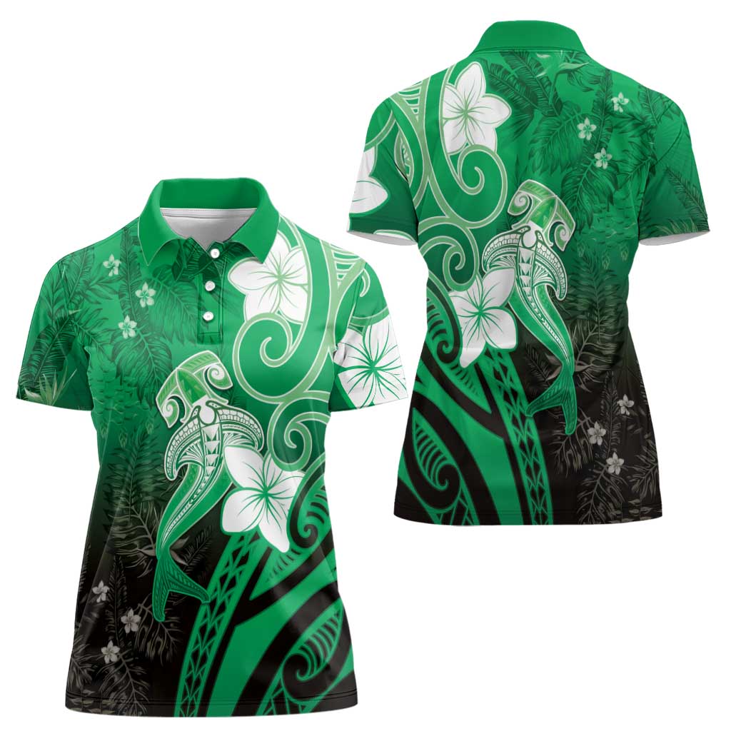 Polynesia Hammerhead Shark Women Polo Shirt Green Tribal Pattern With Plumeria LT05 - Polynesian Pride
