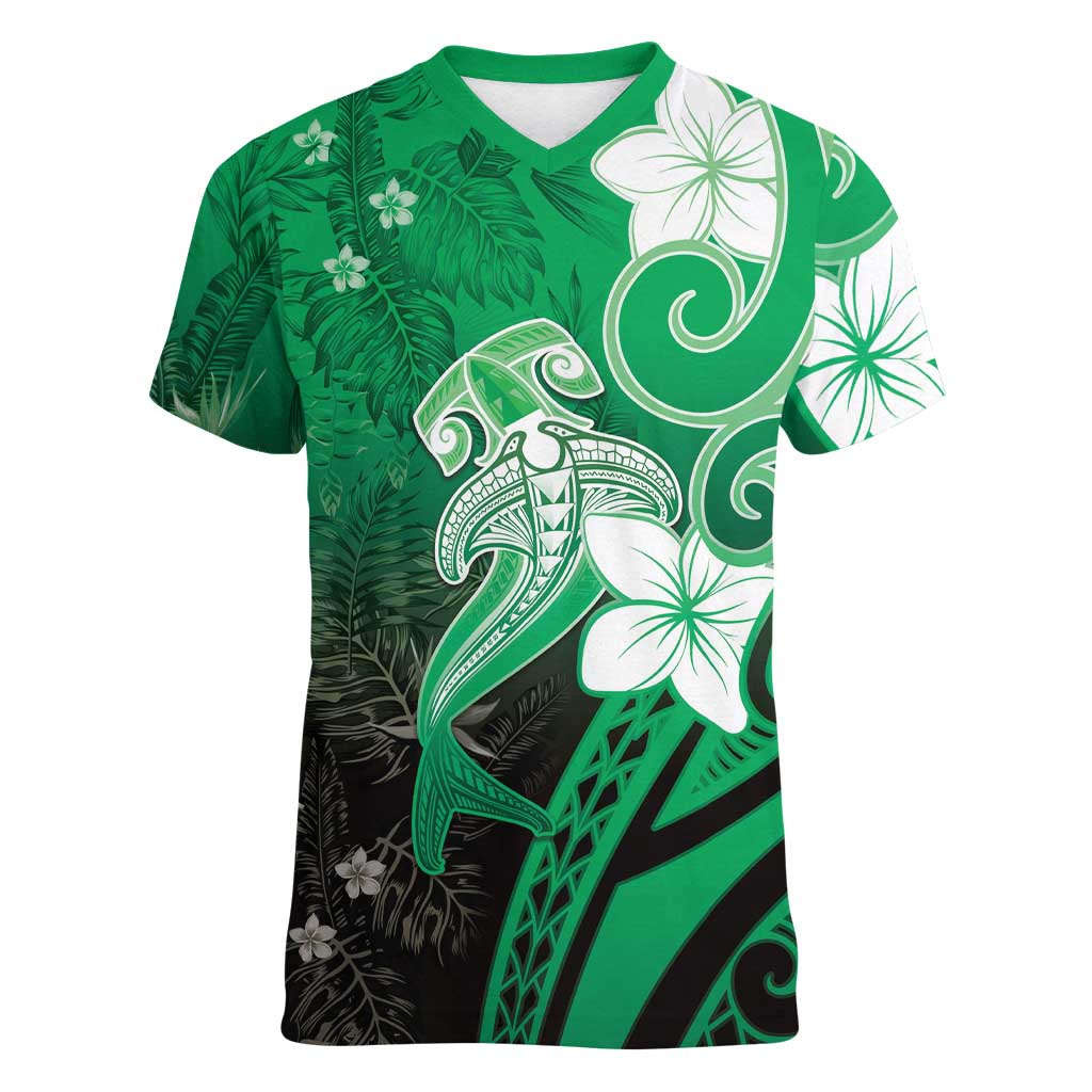 Polynesia Hammerhead Shark Women V-Neck T-Shirt Green Tribal Pattern With Plumeria LT05 Female Green - Polynesian Pride
