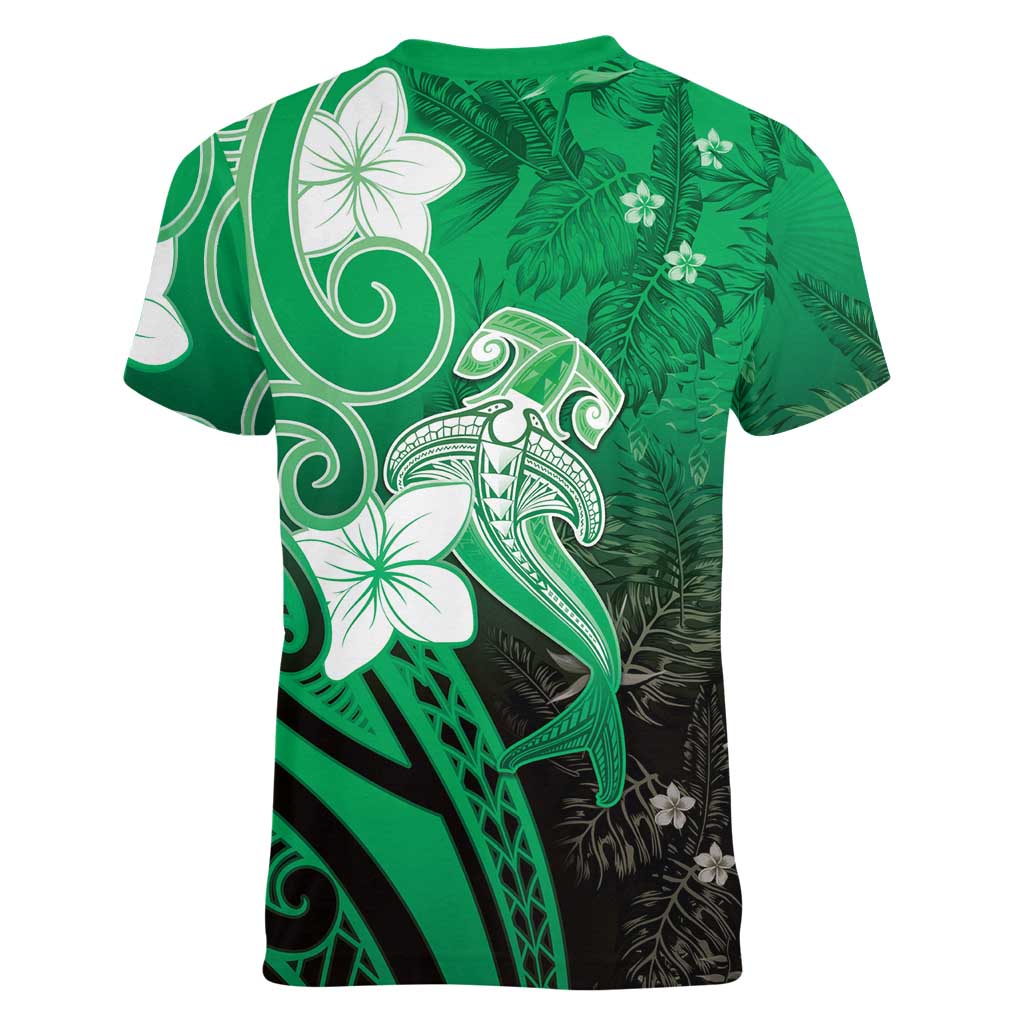 Polynesia Hammerhead Shark Women V-Neck T-Shirt Green Tribal Pattern With Plumeria LT05 - Polynesian Pride