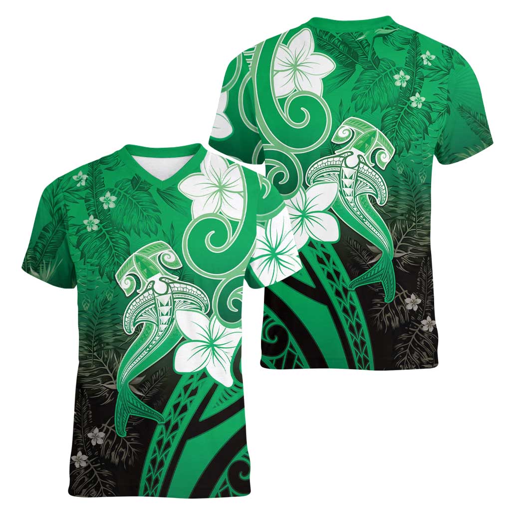 Polynesia Hammerhead Shark Women V-Neck T-Shirt Green Tribal Pattern With Plumeria LT05 - Polynesian Pride