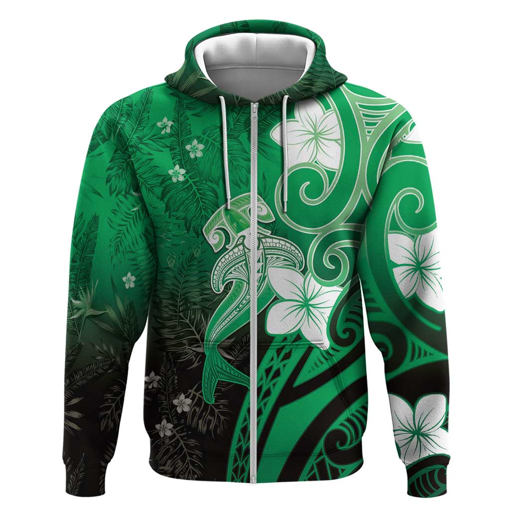 Polynesia Hammerhead Shark Zip Hoodie Green Tribal Pattern With Plumeria LT05 Zip Hoodie Green - Polynesian Pride