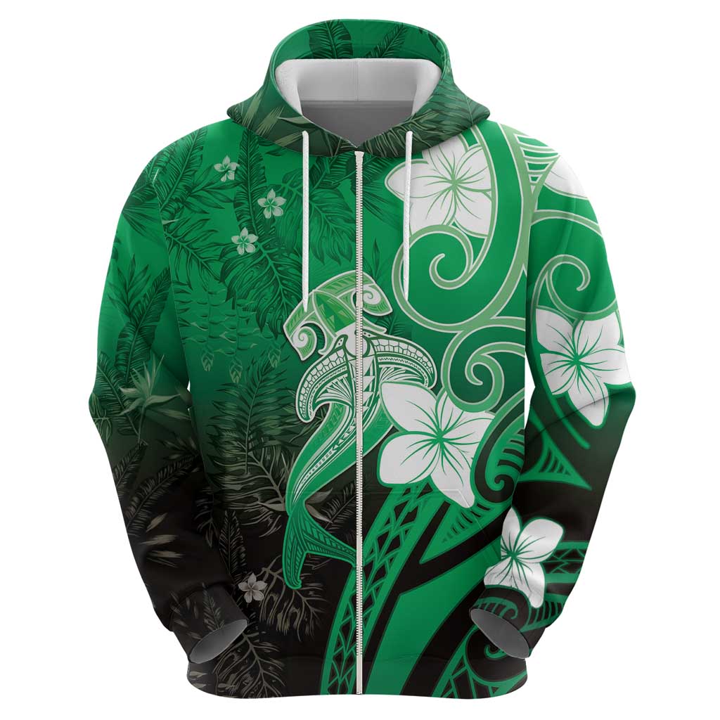 Polynesia Hammerhead Shark Zip Hoodie Green Tribal Pattern With Plumeria LT05 - Polynesian Pride