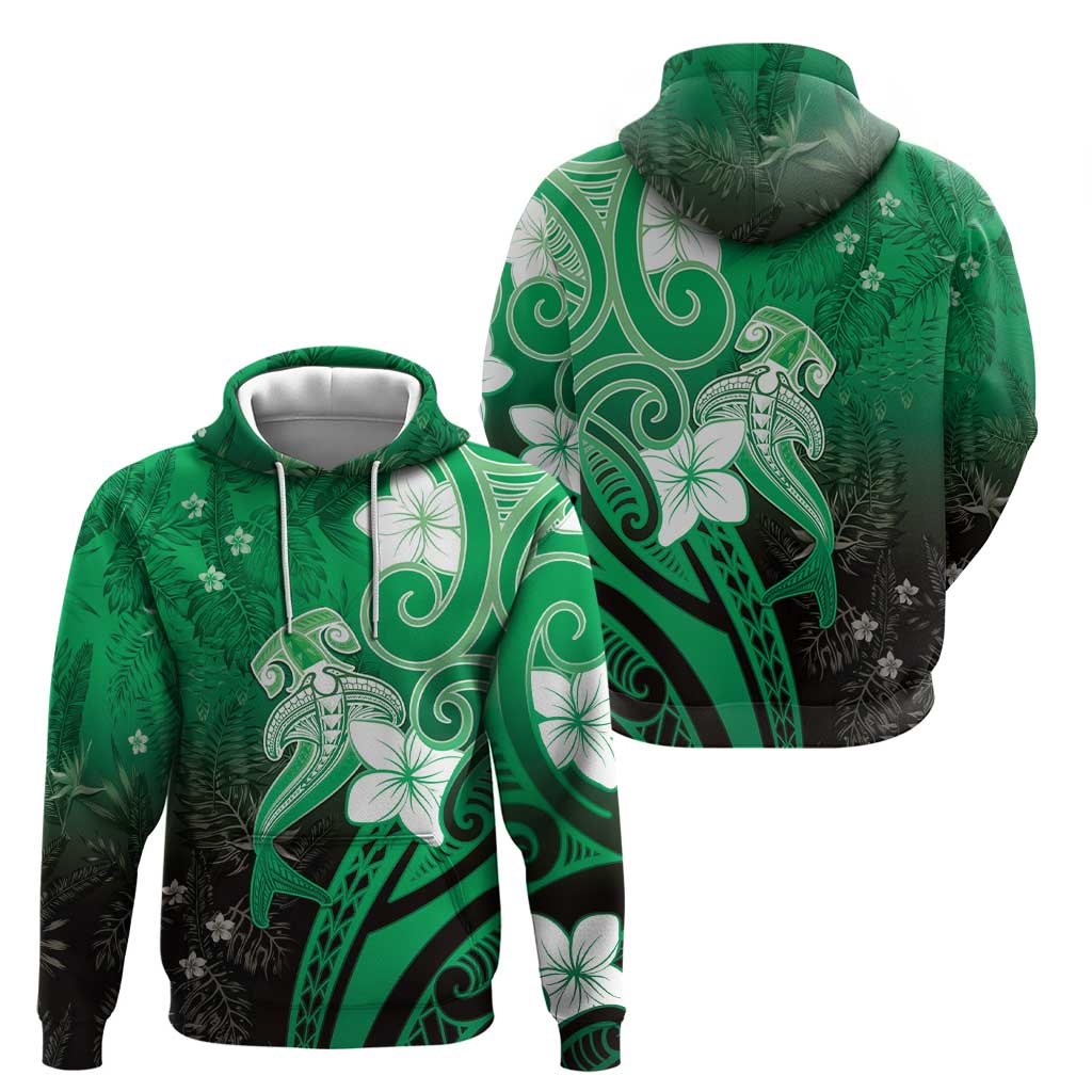 Polynesia Hammerhead Shark Zip Hoodie Green Tribal Pattern With Plumeria LT05 - Polynesian Pride