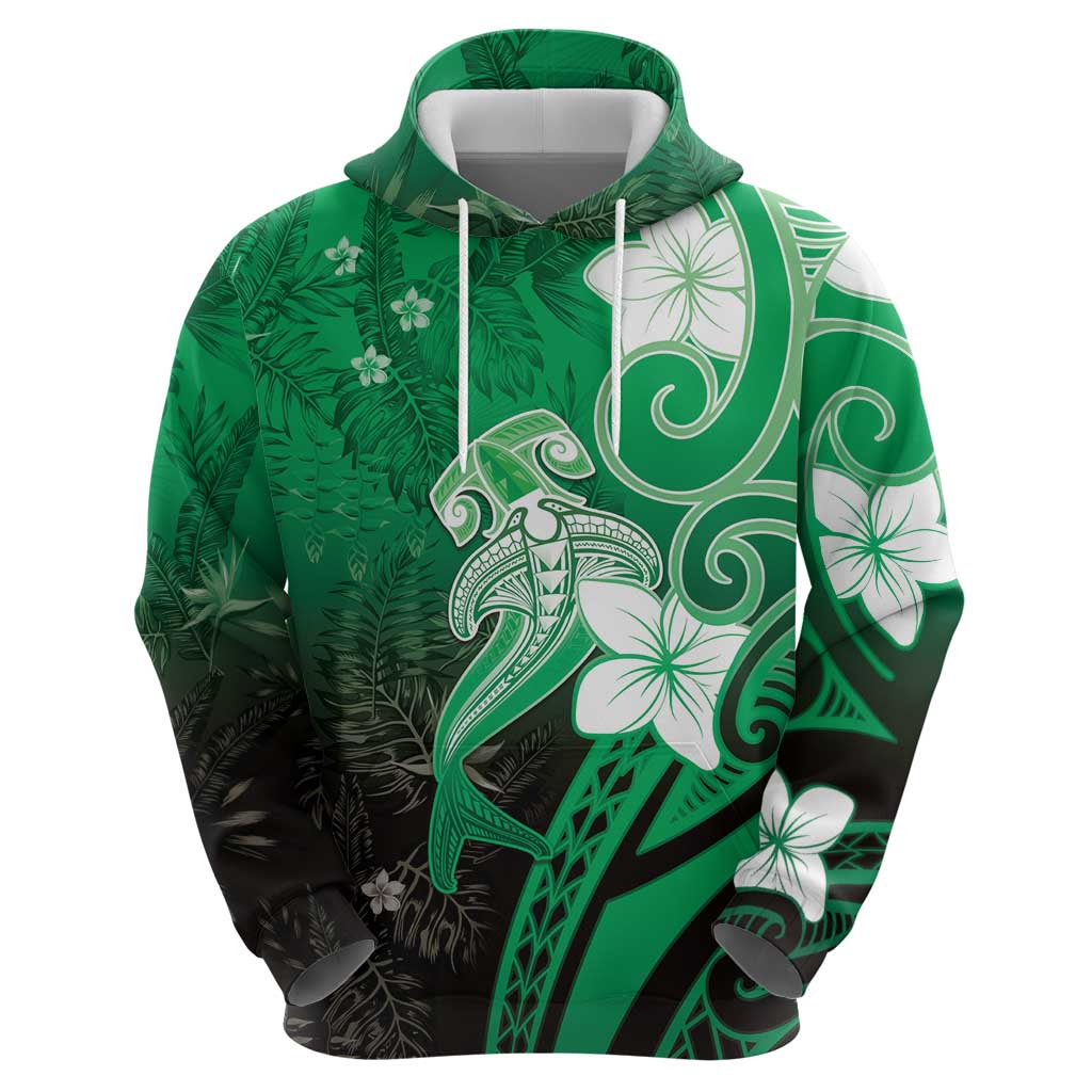 Polynesia Hammerhead Shark Zip Hoodie Green Tribal Pattern With Plumeria LT05 - Polynesian Pride