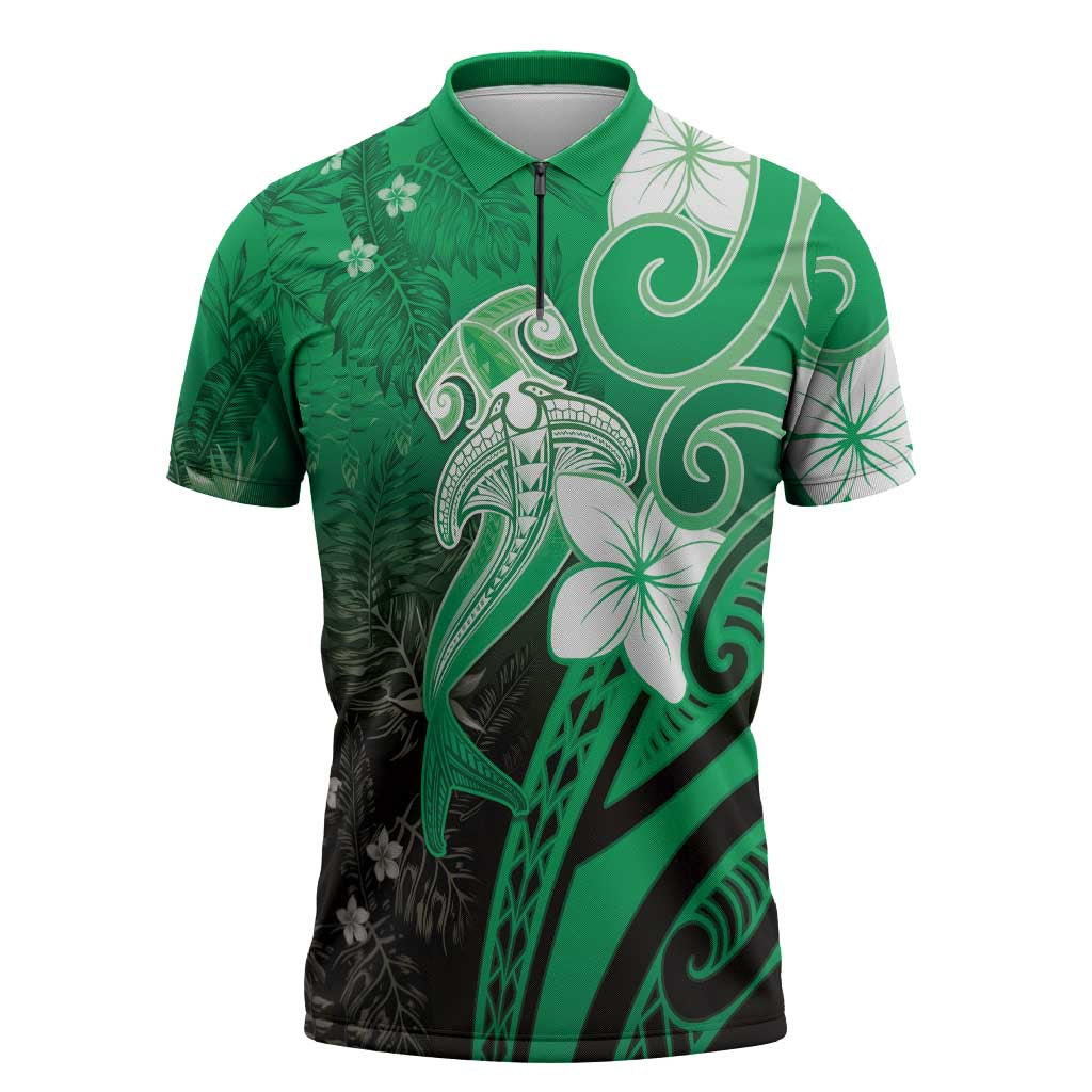 Polynesia Hammerhead Shark Zipper Polo Shirt Green Tribal Pattern With Plumeria LT05 Green - Polynesian Pride