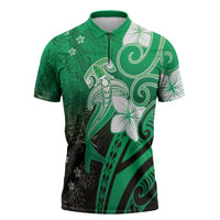 Polynesia Hammerhead Shark Zipper Polo Shirt Green Tribal Pattern With Plumeria LT05 Green - Polynesian Pride
