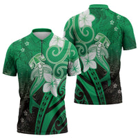 Polynesia Hammerhead Shark Zipper Polo Shirt Green Tribal Pattern With Plumeria LT05 - Polynesian Pride