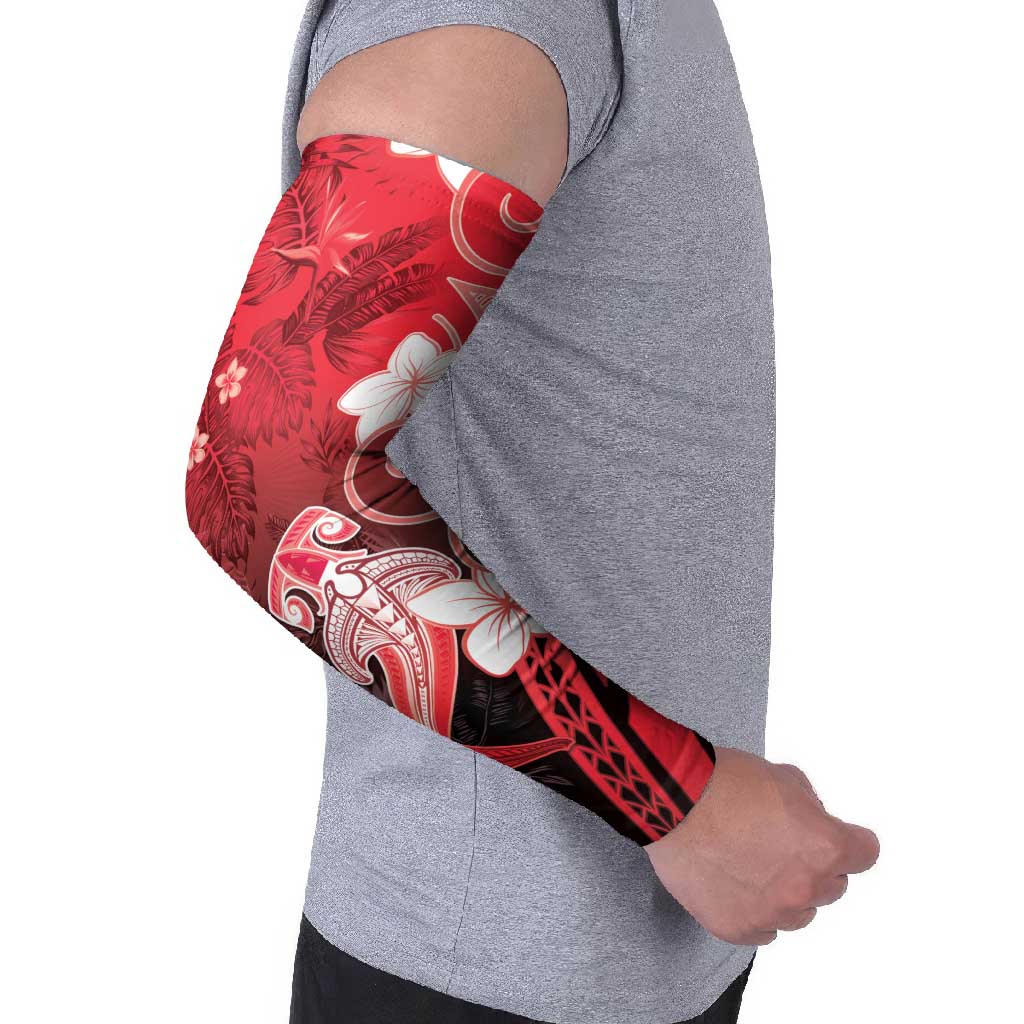 Polynesia Hammerhead Shark Arm Sleeves Red Tribal Pattern With Plumeria - Polynesian Pride