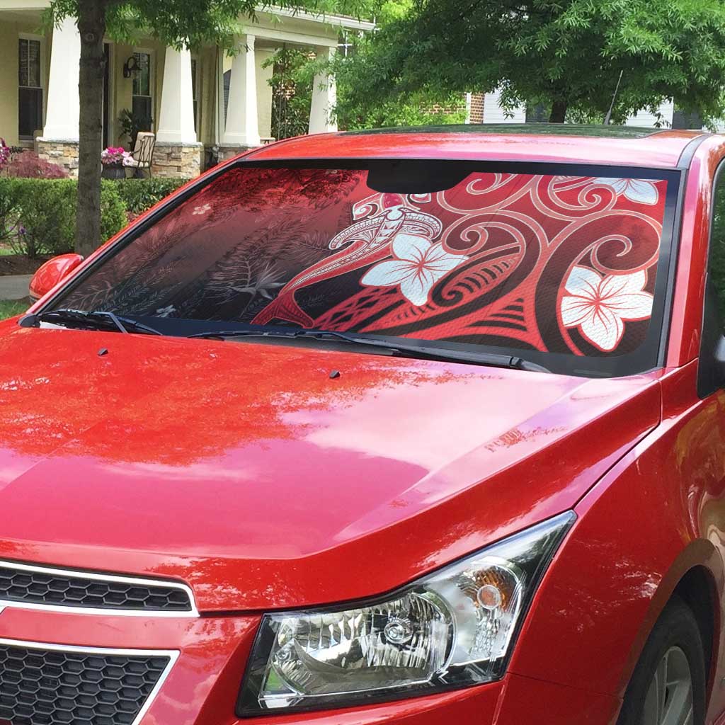 Polynesia Hammerhead Shark Auto Sun Shade Red Tribal Pattern With Plumeria - Polynesian Pride