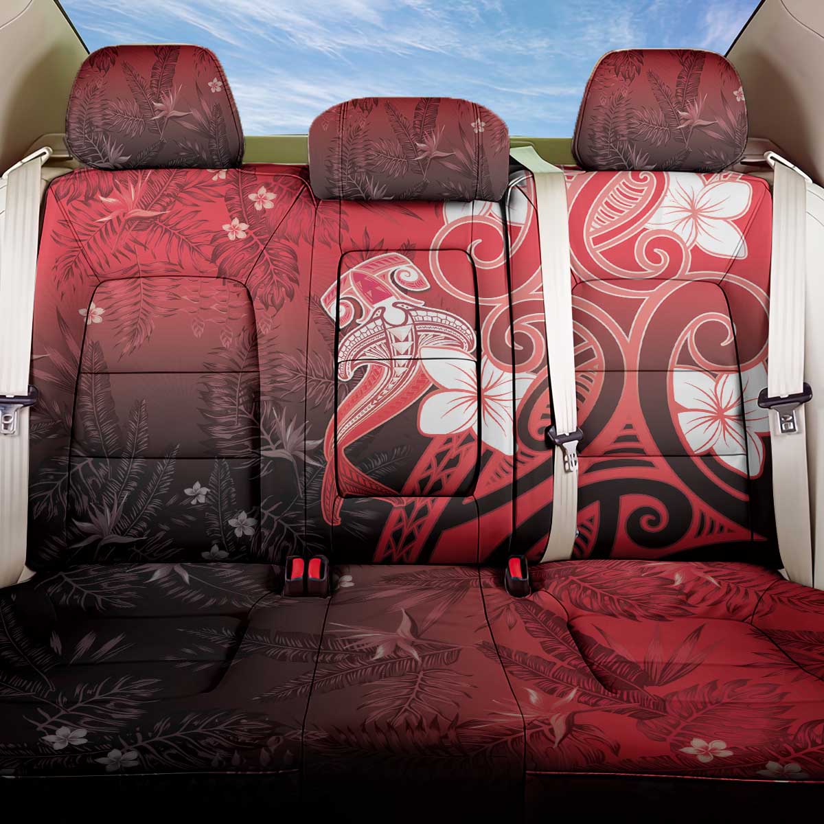 Polynesia Hammerhead Shark Back Car Seat Cover Red Tribal Pattern With Plumeria LT05 One Size Red - Polynesian Pride