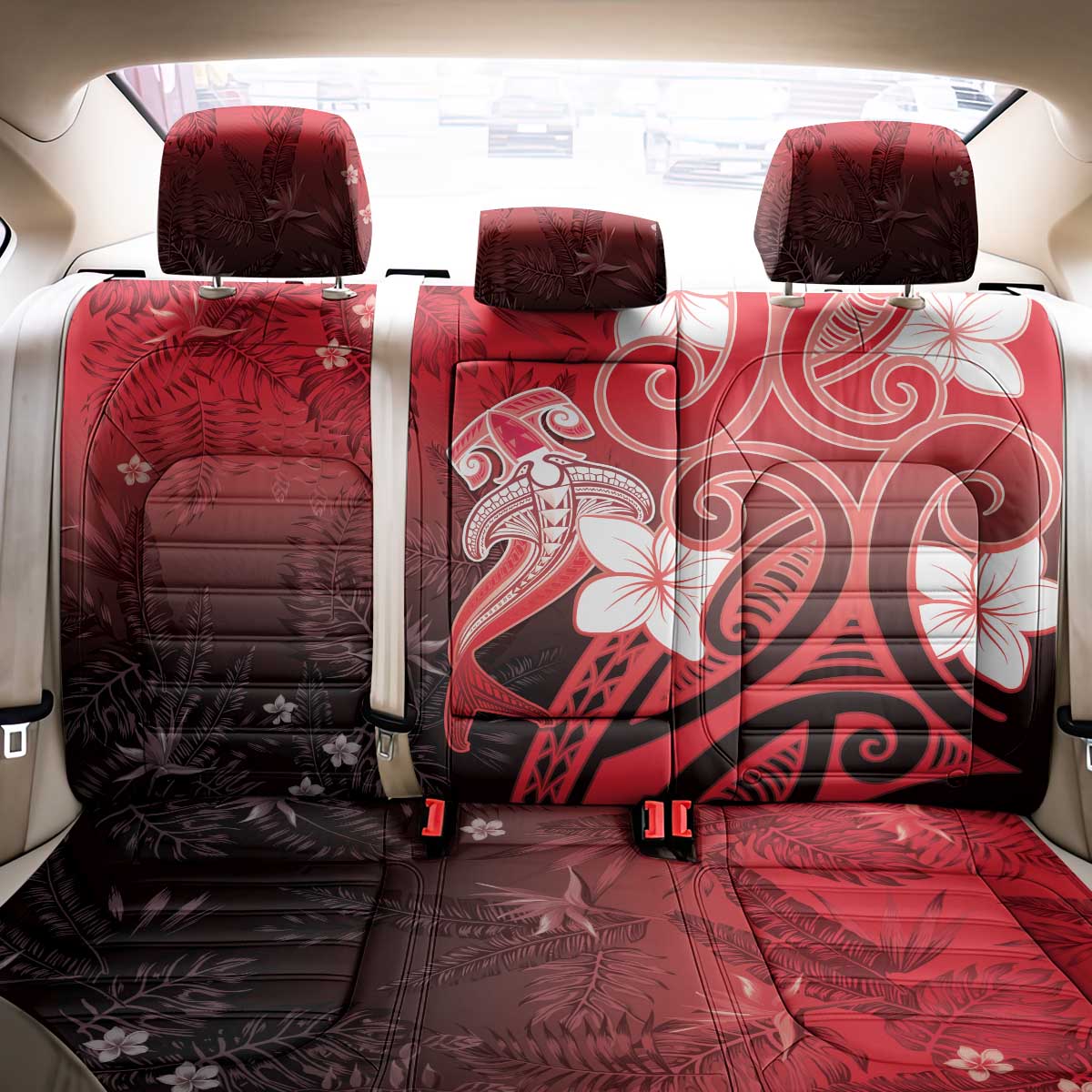 Polynesia Hammerhead Shark Back Car Seat Cover Red Tribal Pattern With Plumeria LT05 - Polynesian Pride
