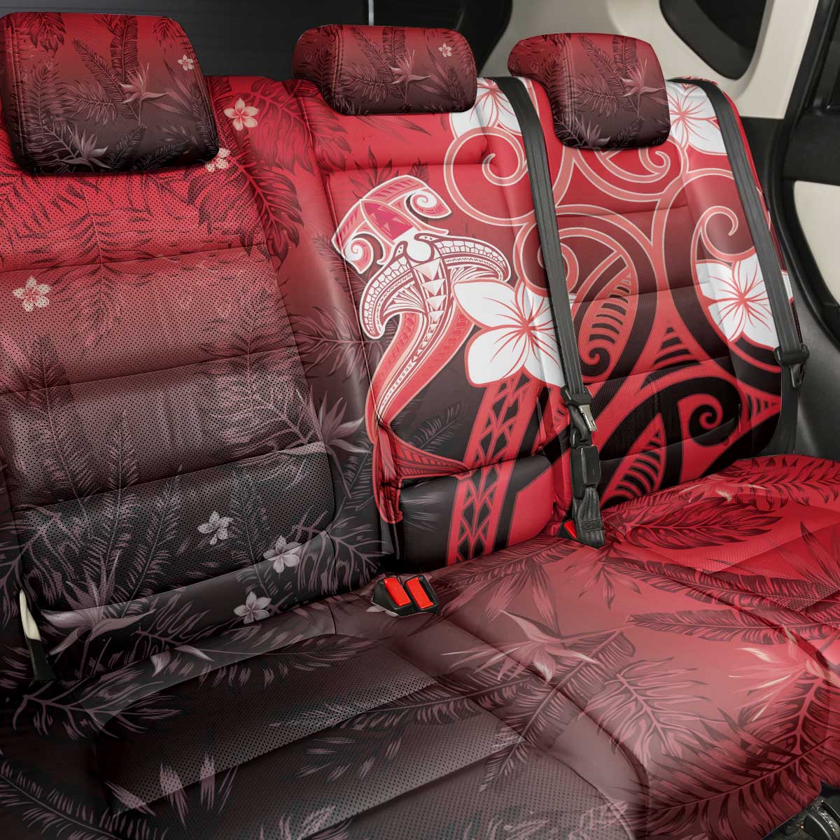 Polynesia Hammerhead Shark Back Car Seat Cover Red Tribal Pattern With Plumeria LT05 - Polynesian Pride
