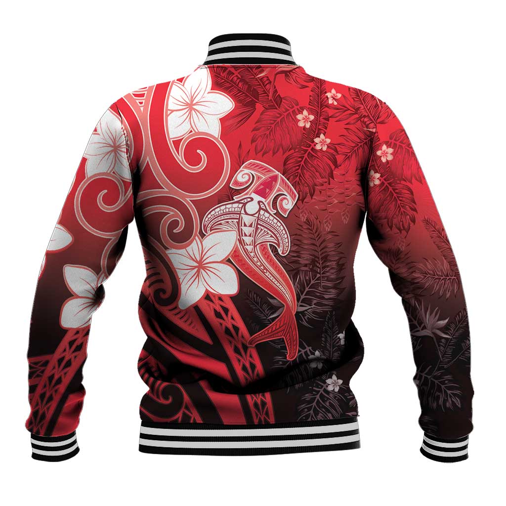 Polynesia Hammerhead Shark Baseball Jacket Red Tribal Pattern With Plumeria LT05 - Polynesian Pride