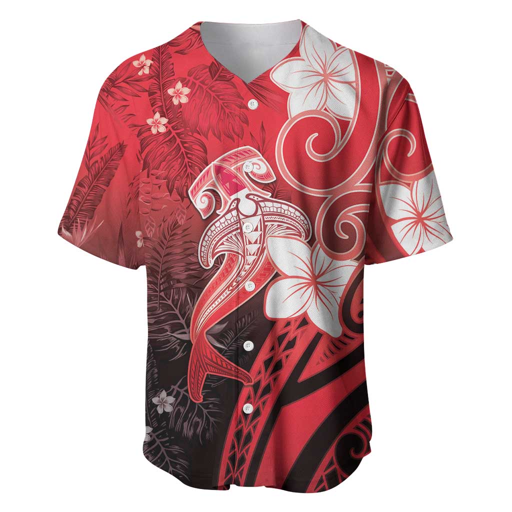 Polynesia Hammerhead Shark Baseball Jersey Red Tribal Pattern With Plumeria LT05 Red - Polynesian Pride