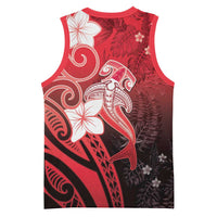 Polynesia Hammerhead Shark Basketball Jersey Red Tribal Pattern With Plumeria - Polynesian Pride