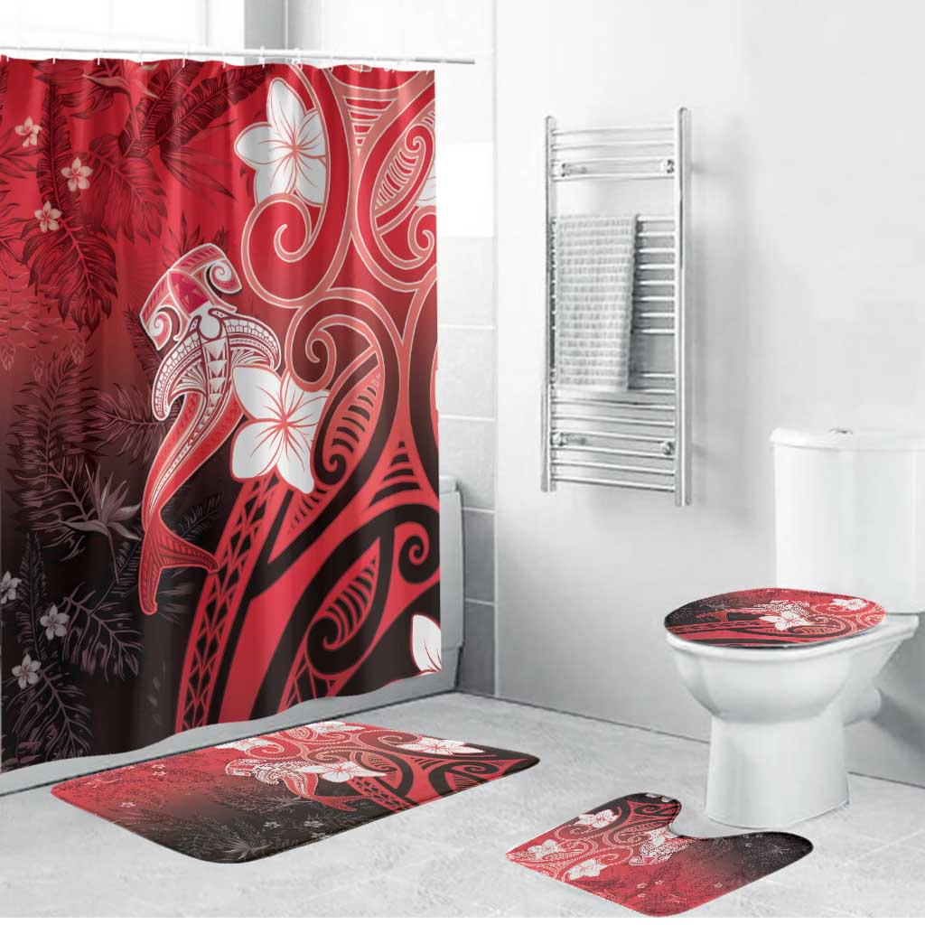 Polynesia Hammerhead Shark Bathroom Set Red Tribal Pattern With Plumeria - Polynesian Pride