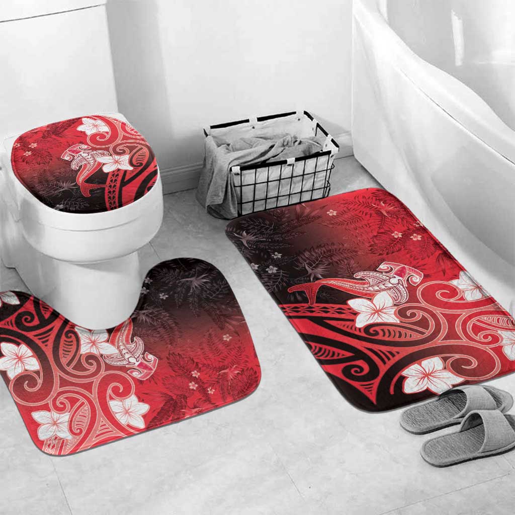 Polynesia Hammerhead Shark Bathroom Set Red Tribal Pattern With Plumeria - Polynesian Pride