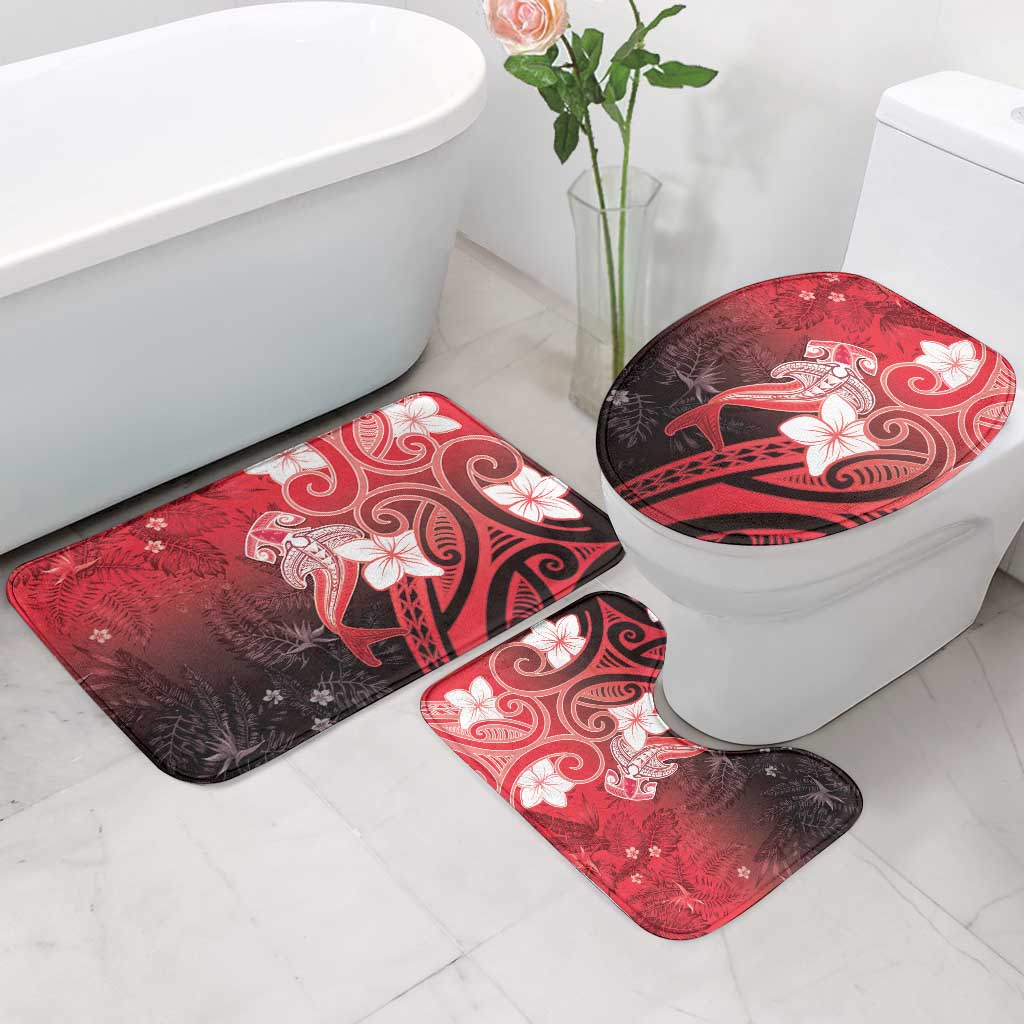Polynesia Hammerhead Shark Bathroom Set Red Tribal Pattern With Plumeria - Polynesian Pride