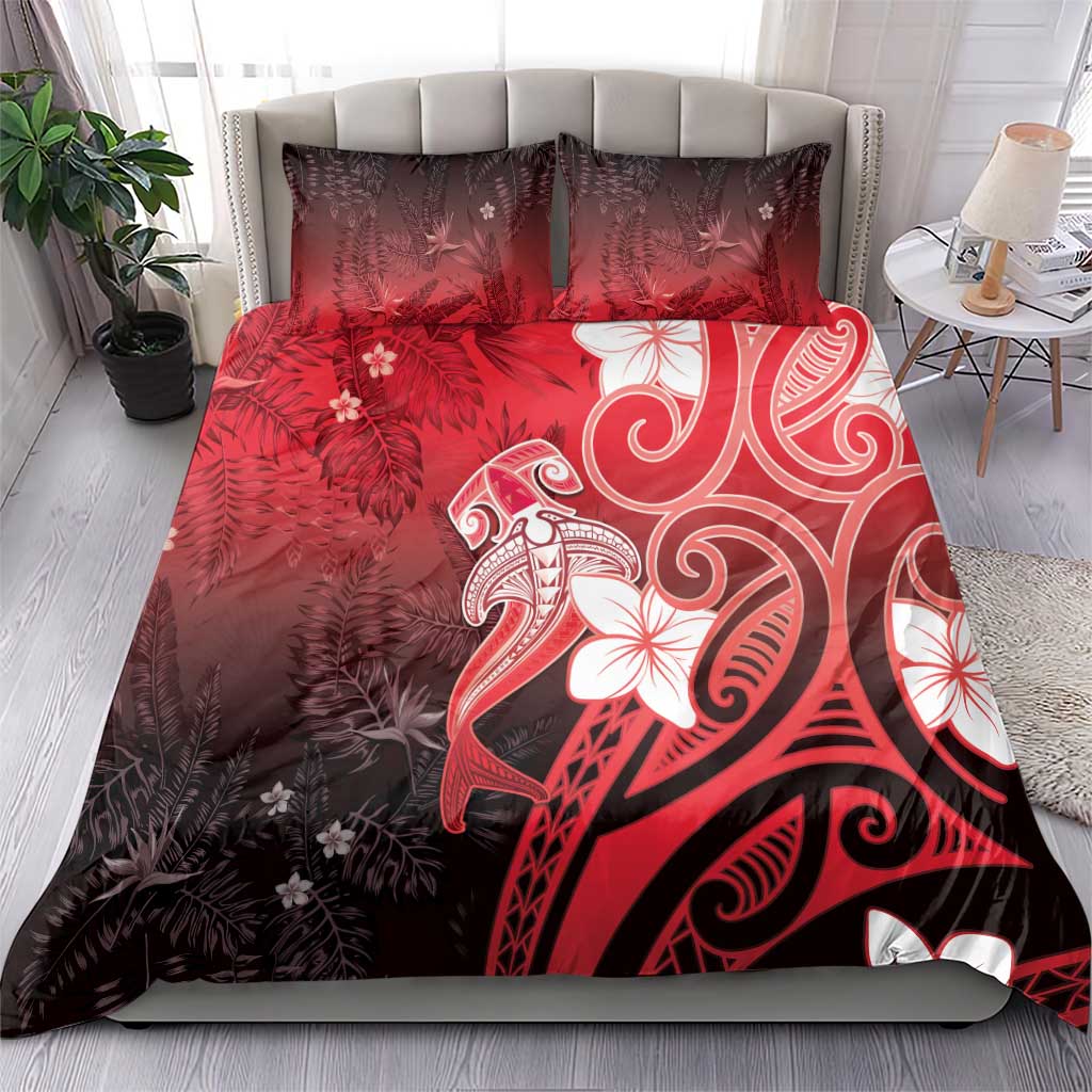 Polynesia Hammerhead Shark Bedding Set Red Tribal Pattern With Plumeria - Polynesian Pride