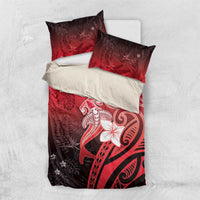 Polynesia Hammerhead Shark Bedding Set Red Tribal Pattern With Plumeria - Polynesian Pride