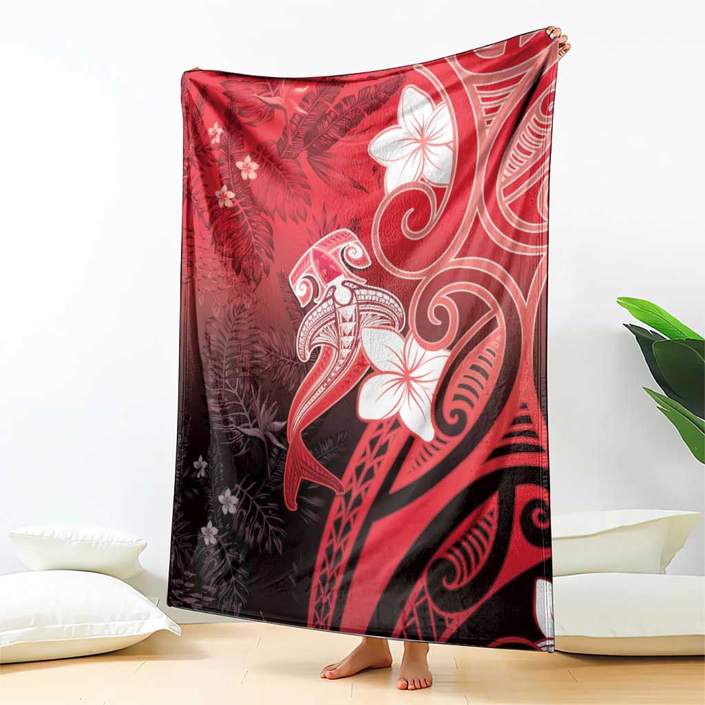 Polynesia Hammerhead Shark Blanket Red Tribal Pattern With Plumeria - Polynesian Pride