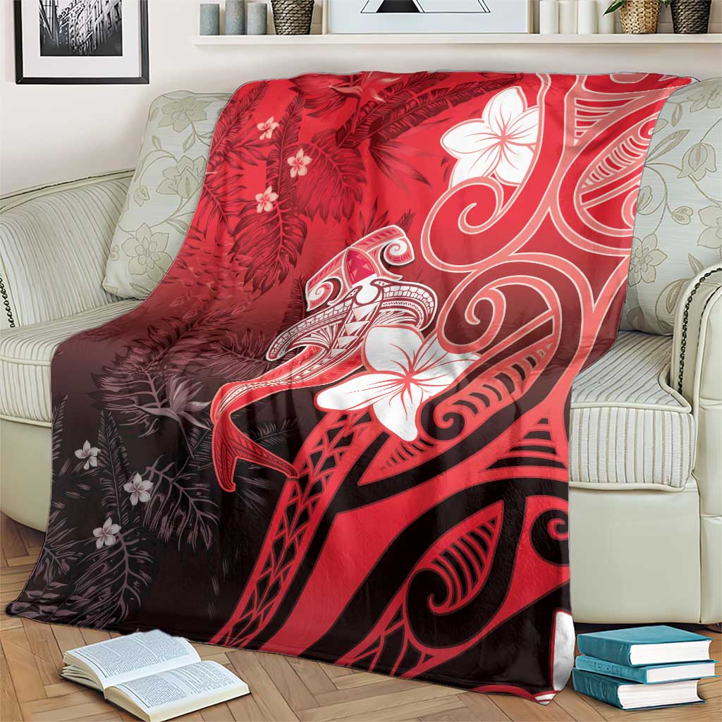 Polynesia Hammerhead Shark Blanket Red Tribal Pattern With Plumeria - Polynesian Pride