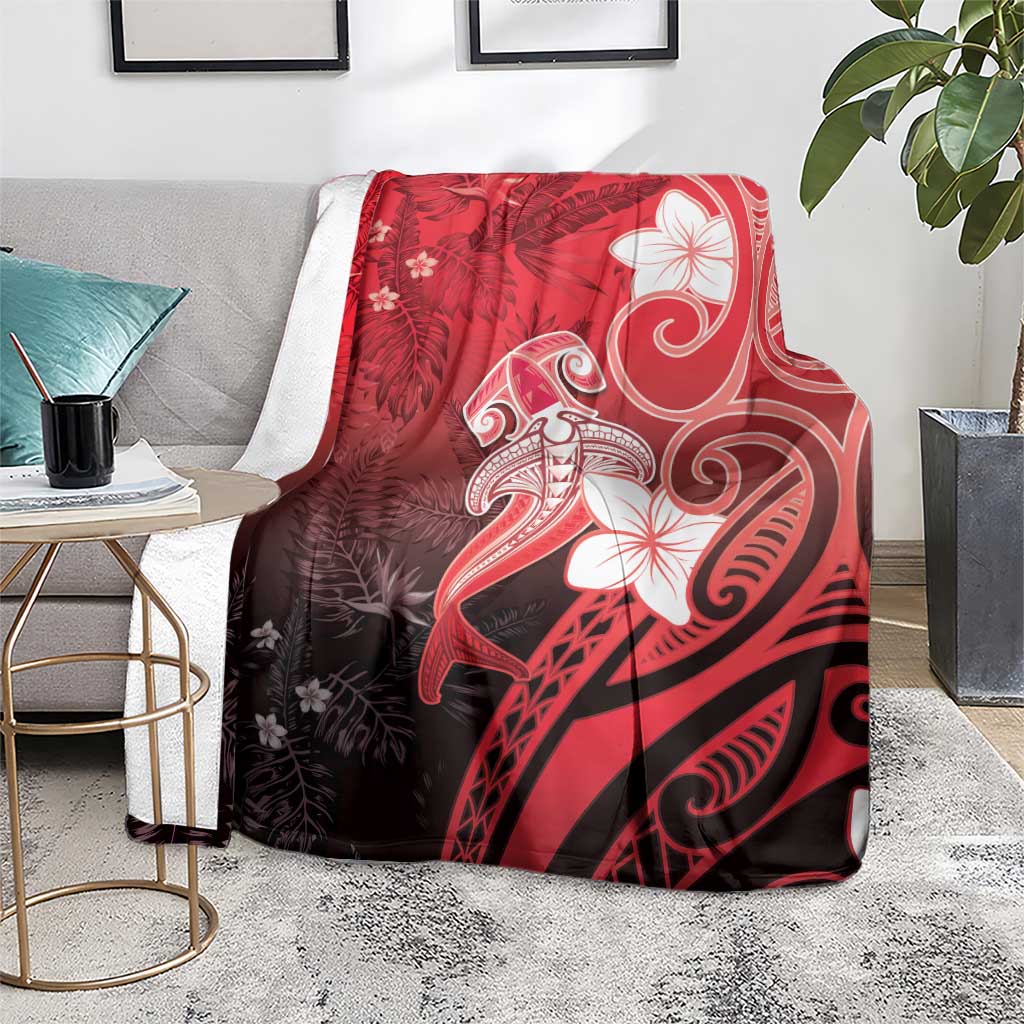 Polynesia Hammerhead Shark Blanket Red Tribal Pattern With Plumeria - Polynesian Pride