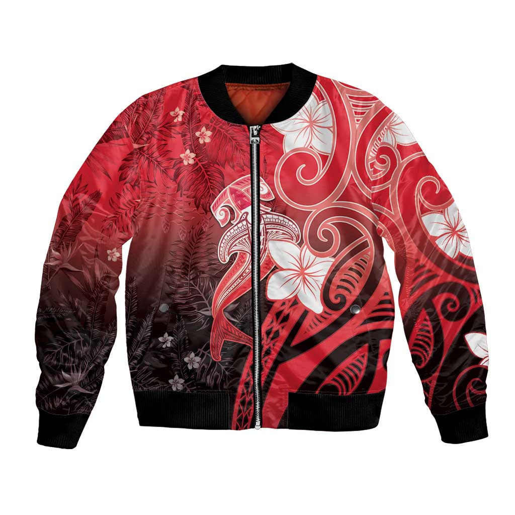 Polynesia Hammerhead Shark Bomber Jacket Red Tribal Pattern With Plumeria - Polynesian Pride