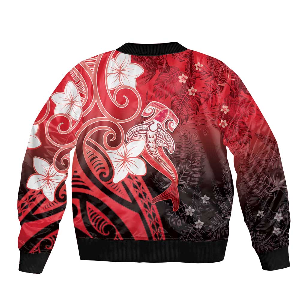 Polynesia Hammerhead Shark Bomber Jacket Red Tribal Pattern With Plumeria - Polynesian Pride