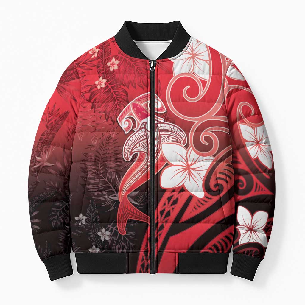 Polynesia Hammerhead Shark Bomber Puffer Jacket Red Tribal Pattern With Plumeria - Polynesian Pride