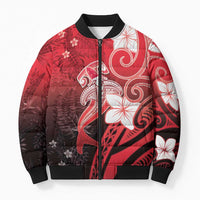 Polynesia Hammerhead Shark Bomber Puffer Jacket Red Tribal Pattern With Plumeria - Polynesian Pride