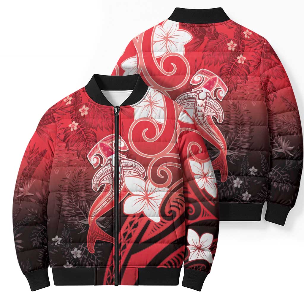 Polynesia Hammerhead Shark Bomber Puffer Jacket Red Tribal Pattern With Plumeria - Polynesian Pride